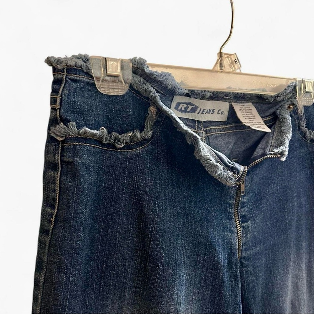 Rare Y2K Ultra Low Rise Medium Wash Denim Boot Cut Festival Jeans Frayed Hems 4